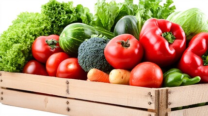 fresh harvested vegetables in a rustic wooden crate