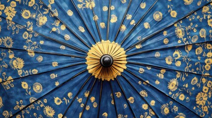 The detail of a vibrant blue umbrella with floral patterns