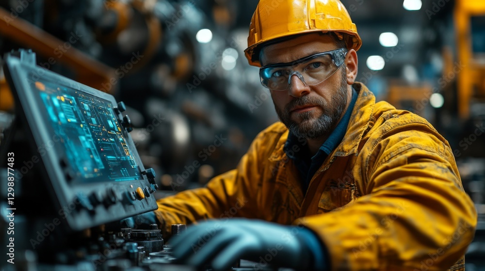 Poster a technician wearing safety gear controls sophisticated machinery in a well-lit factory, showcasing 