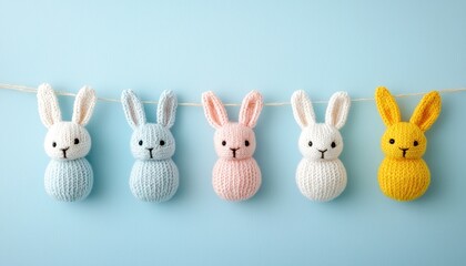 Obraz premium Knitted animal bunny decoration for Easter day. Colorful knitted bunnies hang on a string against a blue background, adding a playful touch to any Easter or spring-themed decoration.
