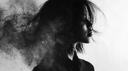 Fototapeta premium Black dust flying powder, isolated elements, abstract motion, white background design