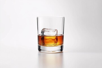 Classic Whiskey Glass with Ice Cube on White Background
