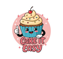 Cheerful Cupcake with Sprinkles and Cherry - Fun 'Cake It Easy' Cartoon Illustration