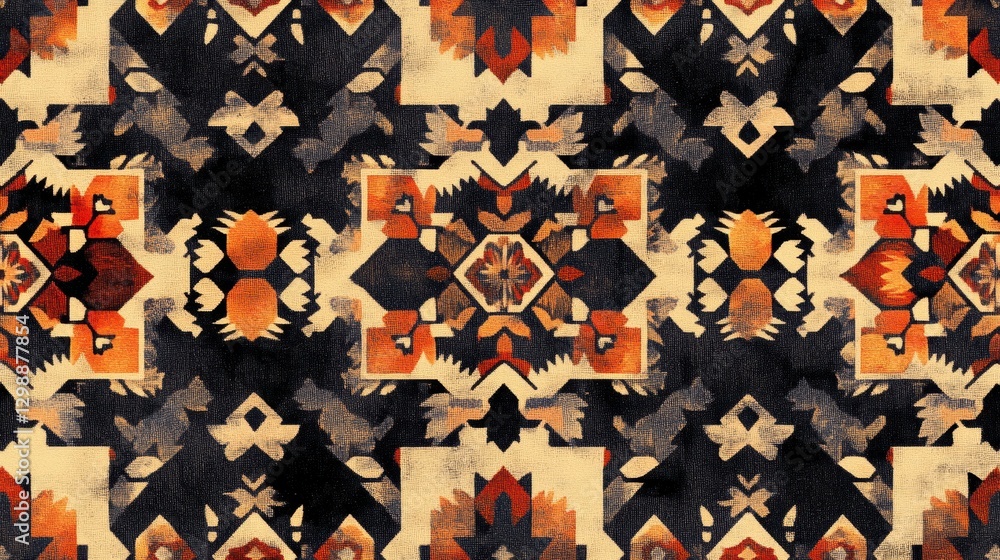 Poster colorful geometric textile pattern featuring intricate designs in warm and dark tones. generative ai