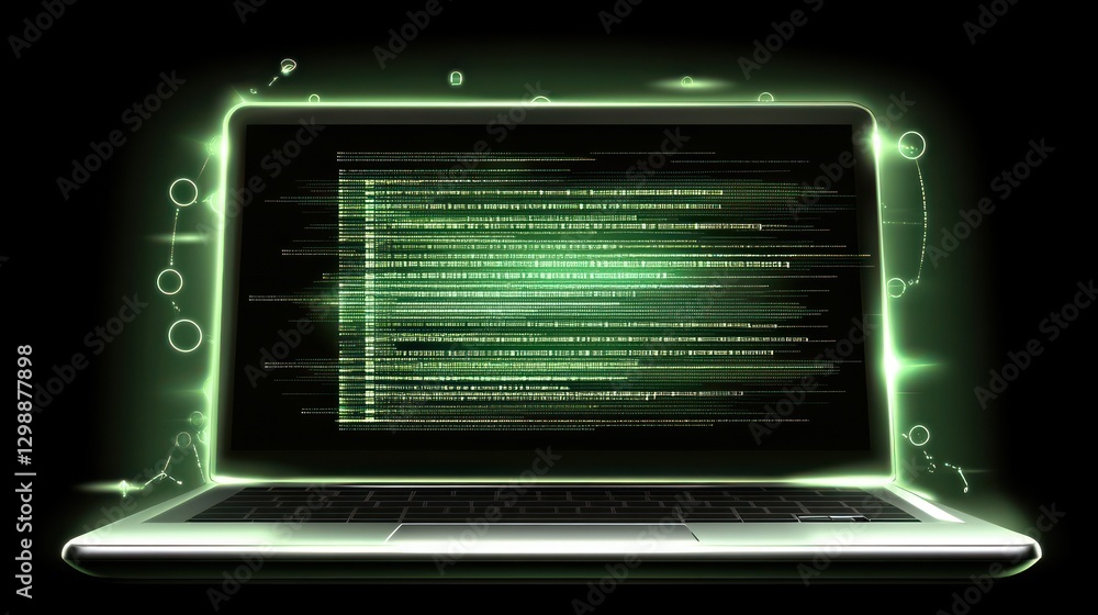 Poster laptop displaying green code with glowing effects for technology concepts