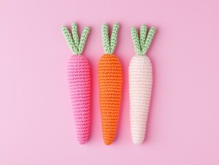 Knitted Easter decoration for Easter day. Three colorful crocheted carrots on a pink background, showcasing playful and vibrant textures perfect for children's decor or crafts.
