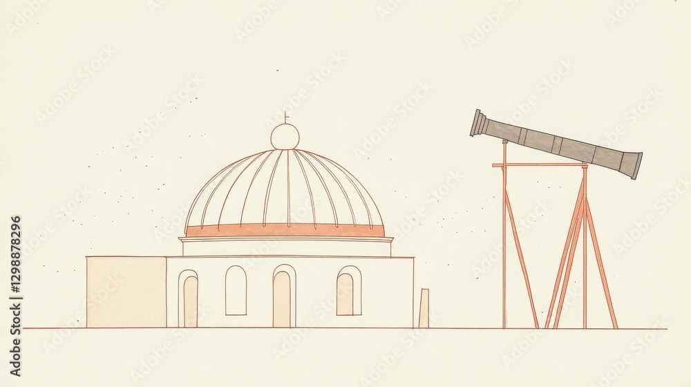 Poster beige and brown sketch of a dome building and tall structure in the city center with architectural d