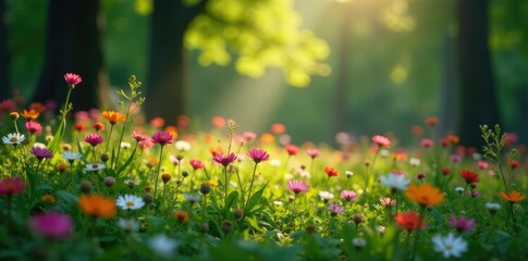 Obraz premium Wildflowers blooming in the dappled shade of trees, forest, wildflowers