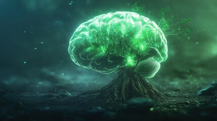 A brain glowing with soft green light, its roots merging with a network of tree branches, symbolizing nature and wisdom.