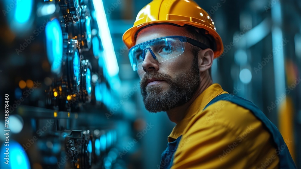 Aufkleber a skilled worker in safety gear inspects automated machinery in a high-tech factory. the environment