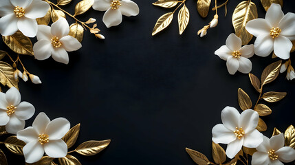 Elegant white flowers with gold leaves on black background