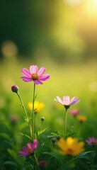 Fototapeta premium Wildflowers growing in a meadow with soft light, meadow, soft light, botanical