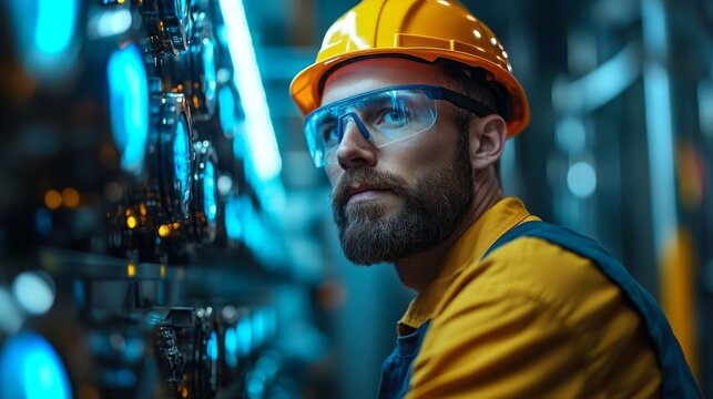 A skilled worker in safety gear inspects automated machinery in a high-tech factory. The environment showcases advanced engineering and equipment for efficient manufacturing.