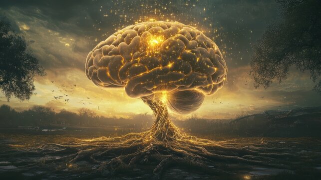 A brain pulsating with golden light, its roots extending into a digital landscape, representing the intersection of technology and human potential.