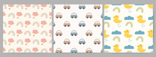 Childish pattern with cute elements seamless pattern for backgrounds, presentations, wrapping papers, prints, artworks. Vector illustration