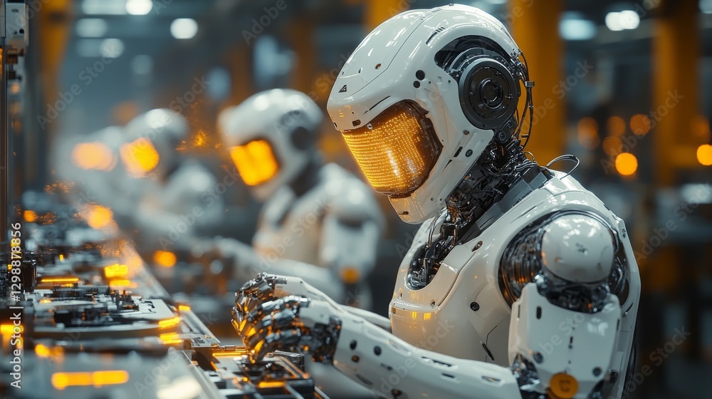 Poster In a bustling manufacturing facility, multiple robots equipped with advanced technology are efficiently assembling components on a conveyor line.