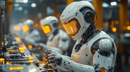 In a bustling manufacturing facility, multiple robots equipped with advanced technology are efficiently assembling components on a conveyor line.