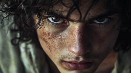 Fototapeta premium Portrait of David, a young shepherd with expressive eyes. Biblical representation of David who defeated Goliath and became the greatest king of Israel.