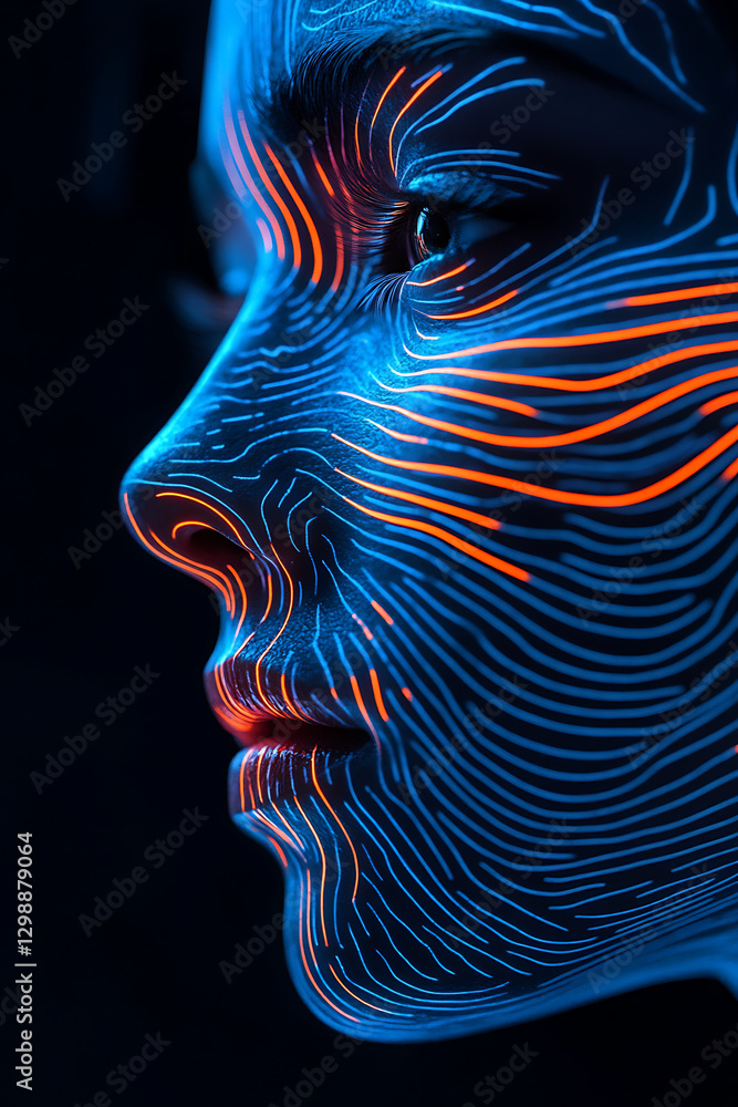 Poster close up profile image of face with vibrant blue and orange lines creating striking visual effect. a
