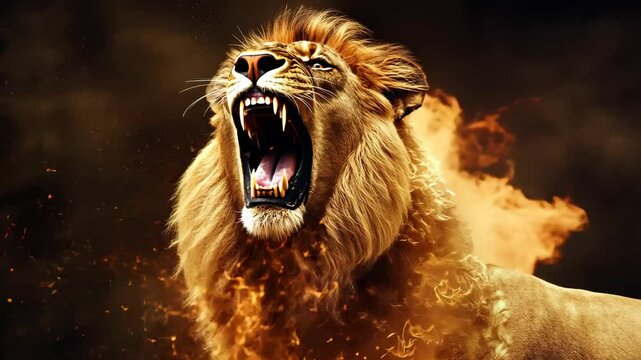 Fierce lion roaring amidst flames showcasing power and majesty in wild landscape