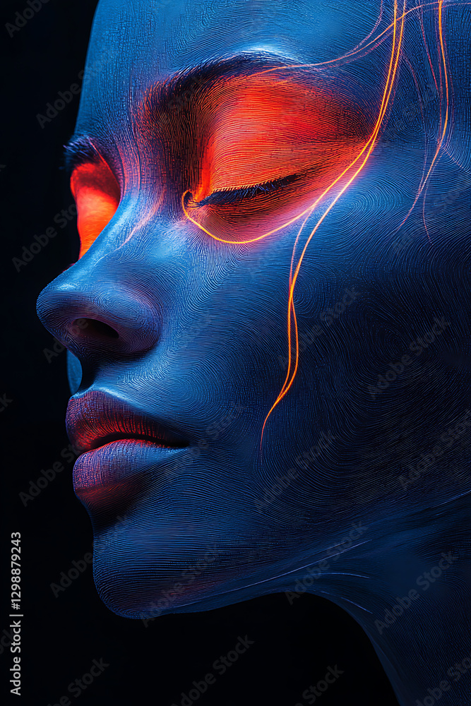 Poster close up image of stylized face with vibrant orange and blue tones, showcasing intricate lines and t