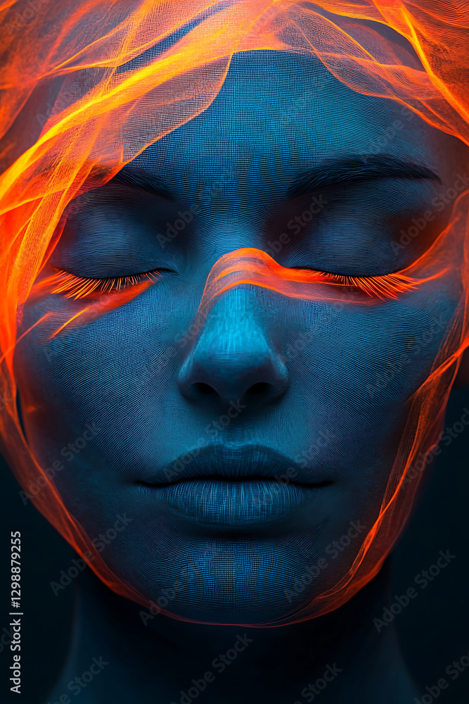 Poster close up image of smooth, stylized face with vibrant orange and blue hues, showcasing intricate text