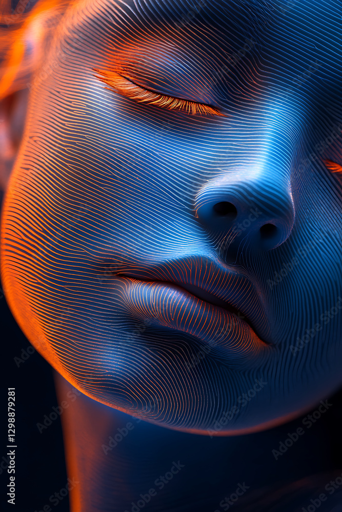 Poster close up image of stylized face with smooth features, highlighted by vibrant blue and orange lines, 
