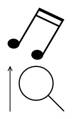 Musical notes upward arrow magnifying glass evoke creativity progress, discovery. Ideal for music, growth, exploration, innovation, learning, search concepts. Line metaphor
