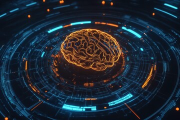 Fototapeta premium The image showcases a glowing orange brain surrounded by intricate digital circuits and blue neon lights, symbolizing the fusion of technology and human intelligence.