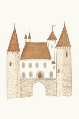 Obraz premium Beige And Brown Stone Castle Illustration With Arch Gatehouse Entryway And Towers Exterior View Design Drawing Illustration Art Historic Building Image Graphic Artwork Medieval Castle Illustration