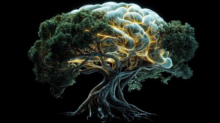 A futuristic glowing brain with roots intertwining like neural pathways, representing knowledge expansion and success.