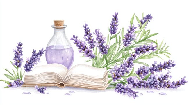 Lavender Arrangement with Oil Bottle and Open Book Still Life Watercolor Style Illustration