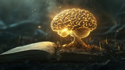 A futuristic glowing brain with roots intertwining like neural pathways, representing knowledge expansion and success.