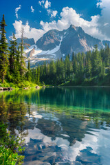 Tranquil Mountain Lake Reflects Stunning Snow-Capped Peaks and Lush Green Forests