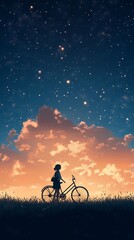 Obraz premium Woman bicycle glowing dreamy sky