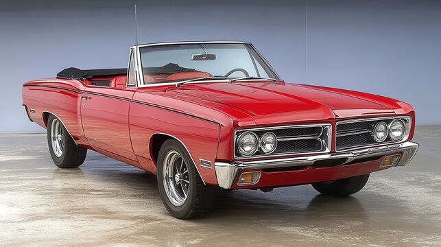 Restored red convertible classic car gleaming under studio lights