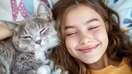 joyful bonding: young girl cuddling with her adorable cat