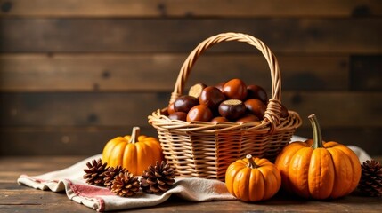Autumnal Still Life  A wicker basket brimming with smooth, dark brown nuts sits amongst miniature pumpkins and pinecones on a rustic wooden surface, creating a cozy harvest scene.