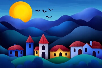 Naklejka premium A simple 2D illustration of a village in the mountains with birds flying above