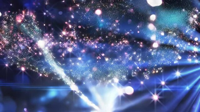 &eacute;toiles et boules scintillantes bleues sur un fond sombre travers&eacute; par une &eacute;toile filante