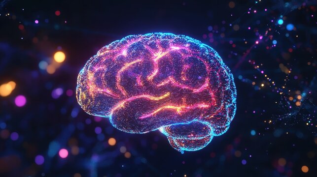 A holographic neon brain floating in a dark space, its glowing pathways representing deep thinking and creativity.