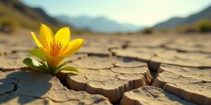 A resilient yellow flower pushes through cracked, arid earth, showcasing nature's tenacity and the beauty of life amidst challenging conditions.