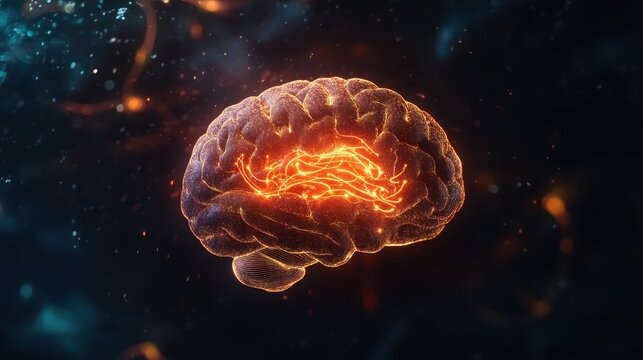 A holographic neon brain floating in a dark space, its glowing pathways representing deep thinking and creativity.