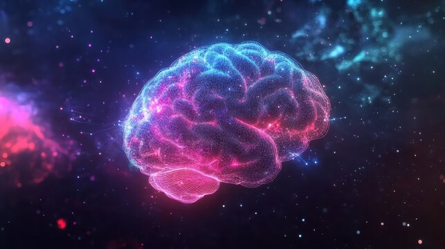 A holographic neon brain floating in a dark space, its glowing pathways representing deep thinking and creativity. - Powered by Adobe
