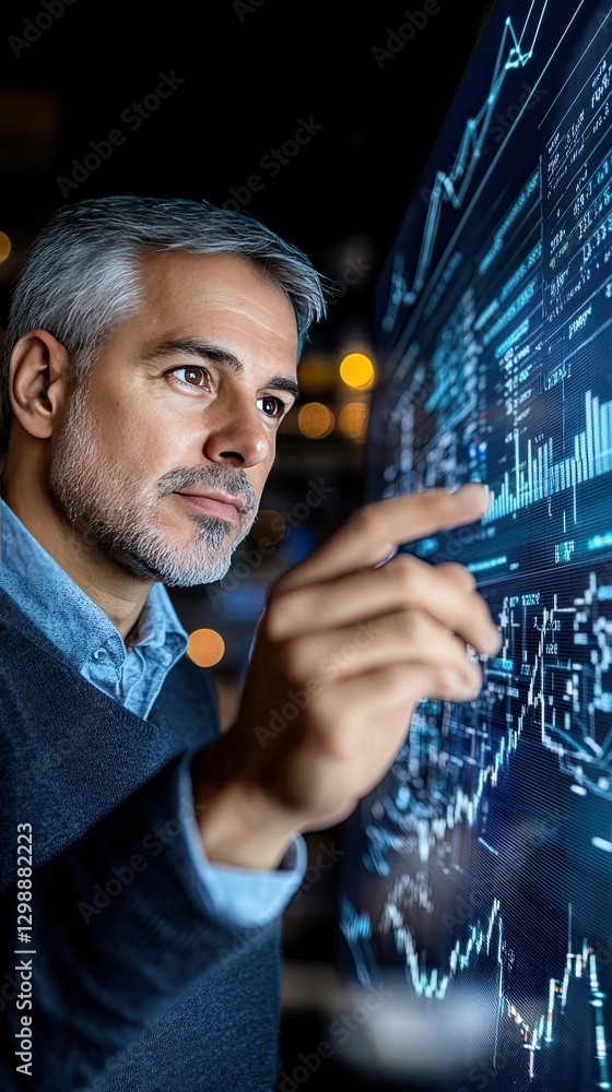 Poster man in business attire showcases interactive data visualizations on a touch screen outside an office
