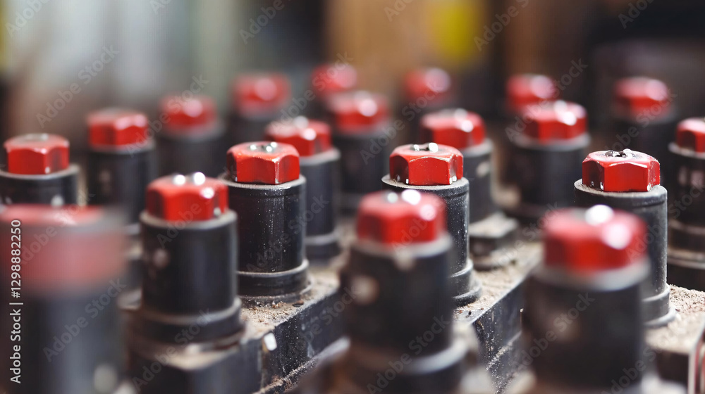 Poster a close-up view of numerous electrical components featuring red buttons, showcasing a collection of 
