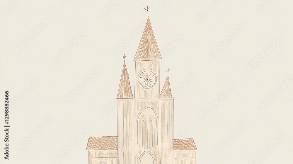Poster beige and cream detailed illustration of a historic clock tower building with architecture style ele