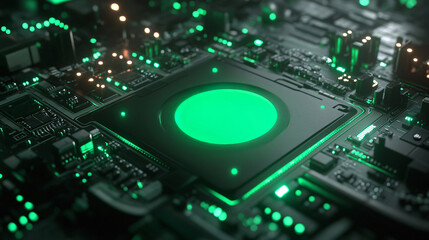 Fototapeta premium A close-up of a circuit board featuring a prominent green LED light, showcasing intricate electronic components and technology.