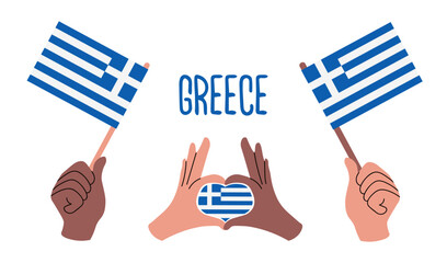 Greek flags illustration. Hands holding greek flags and forming heart shape with fingers, filled with greek flag. Text Greece. Ready for national celebration, Independence Day, travel themes.