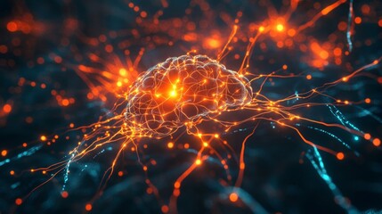 Glowing neural network brain with electric impulses and orange lights on dark background